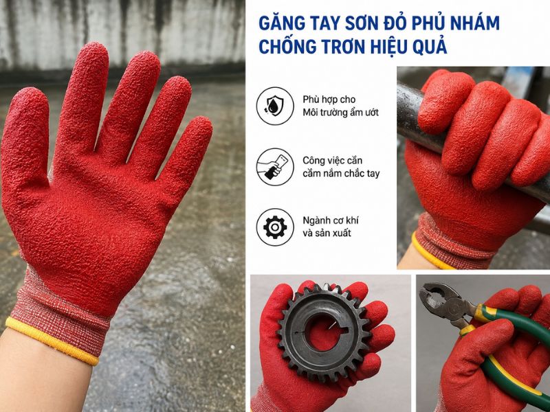Găng tay sơn đỏ phủ nhám chống trơn hiệu quả