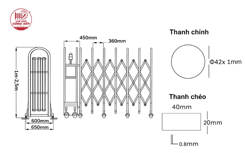 Kích thước cổng xếp inox