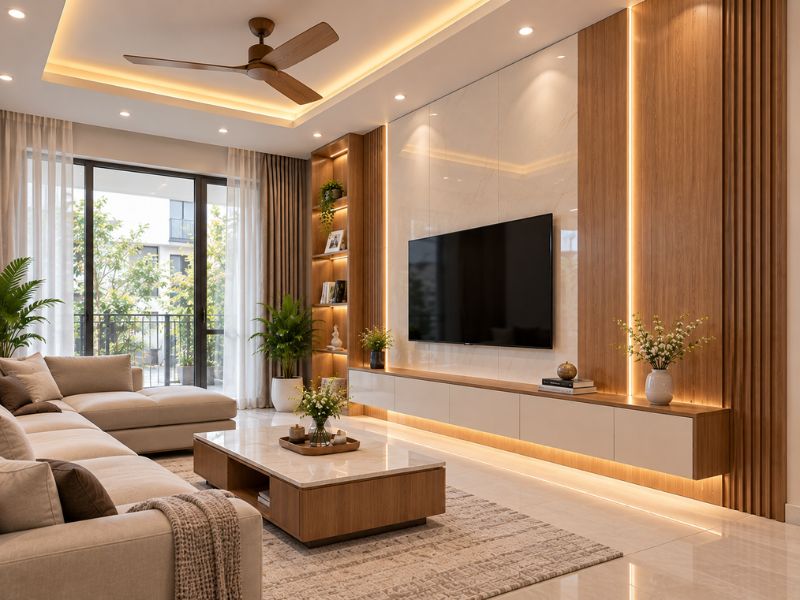 Tường Nano phòng khách phối vân gỗ